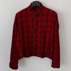 Red & black check plaid, ruffled, button down top